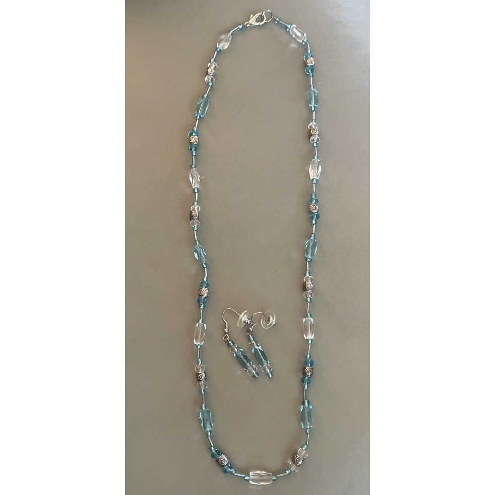 Vintage  Art Deco Glass Bead Necklace and Earrings Set 24" w/ Silver Beads
